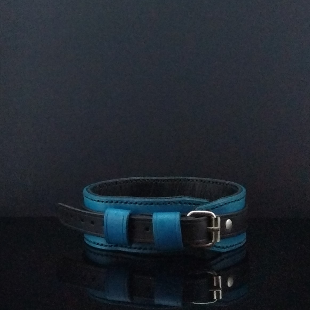Custom Leather Collar - Blue and Black - Double Hand Stitched - 100% Leather