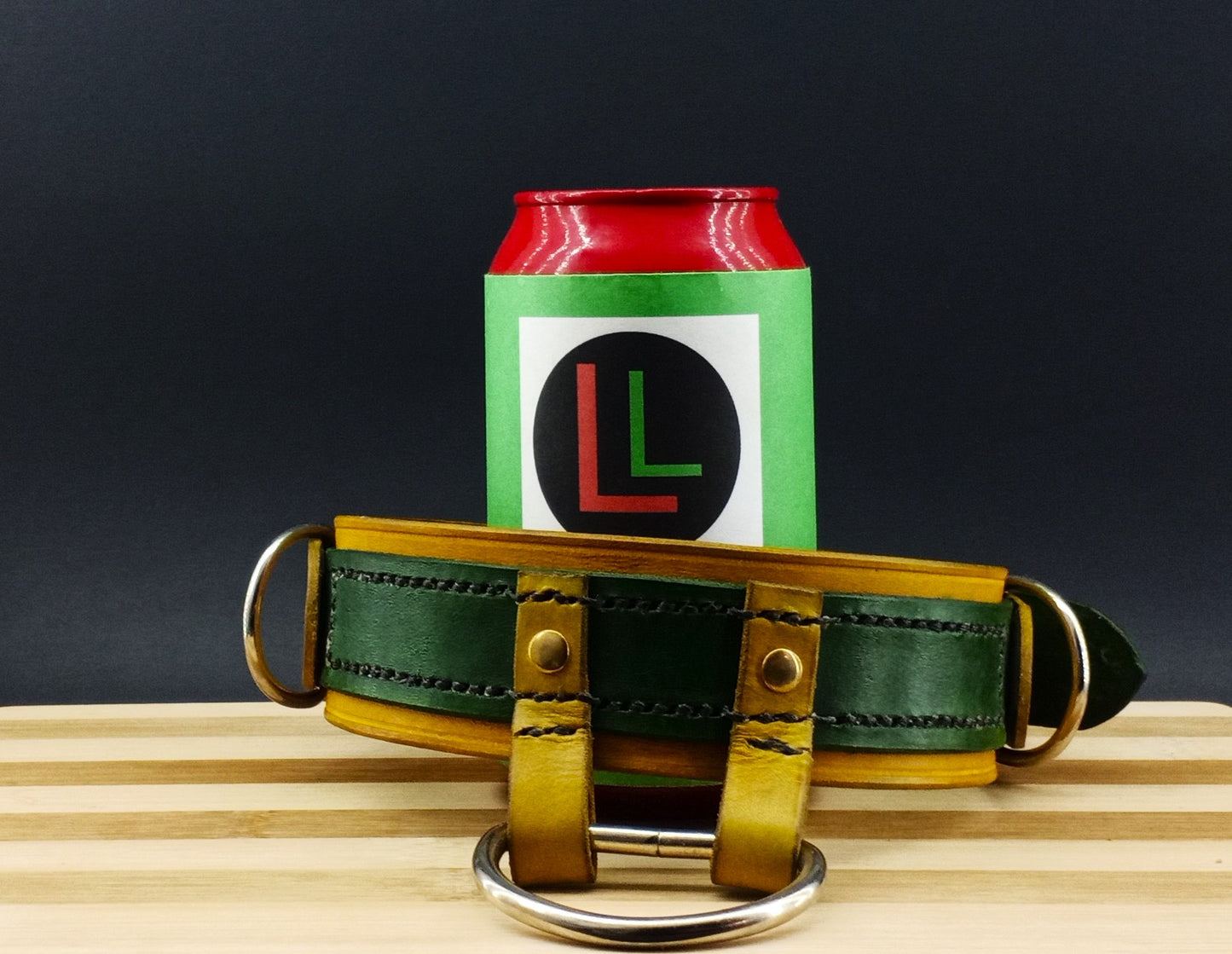 Green and Gold Leather Collar - Handstitched with Large D ring and Two small D rings