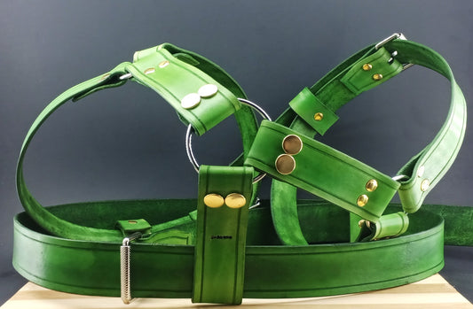 Leather Harness Type 1 - Removable Ring - Green with Gold
