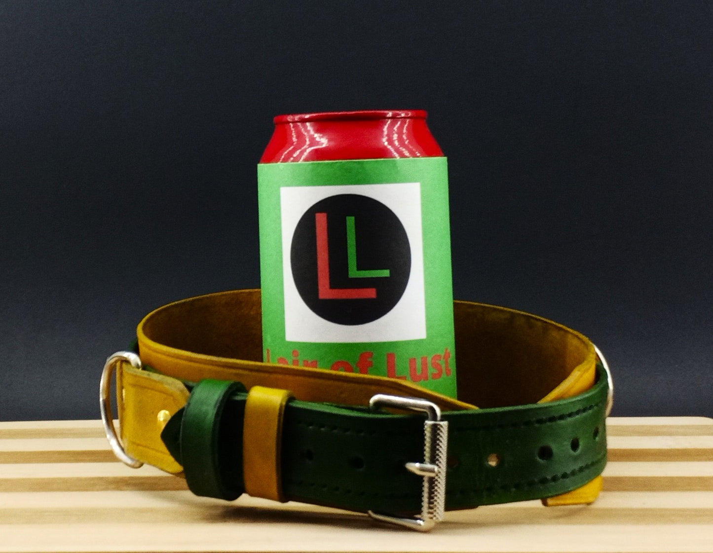 Green and Gold Leather Collar - Handstitched with Large D ring and Two small D rings